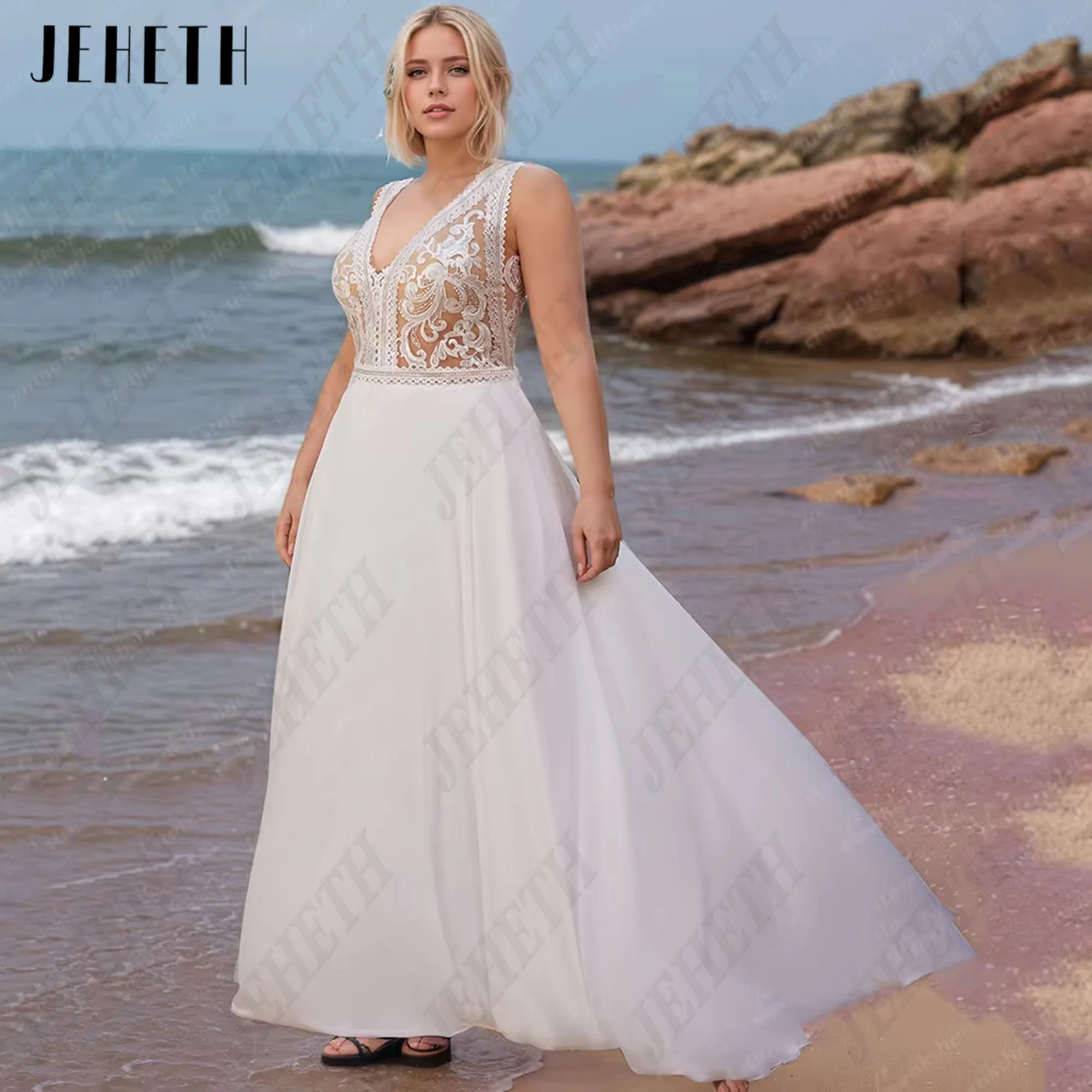 

JEHETH Plus Size Luxury Beach V-Neck Lace Appliques Chiffon A-Line Wedding Dress 2025 Wedding Gown Vestidos de Nova Customized