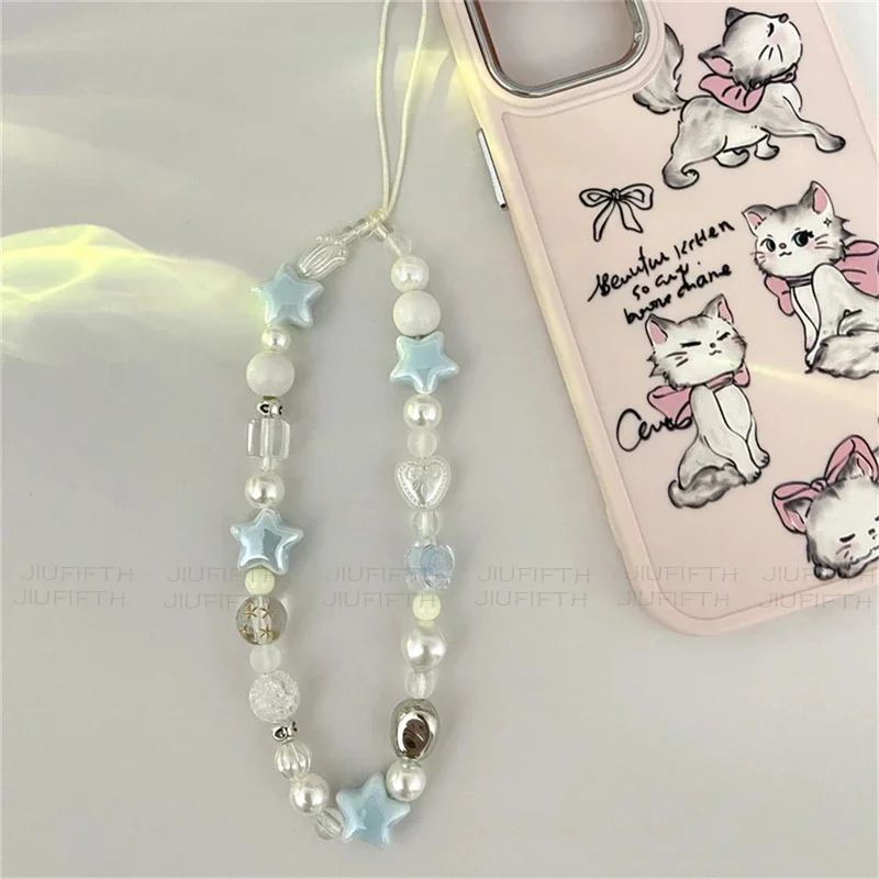 For iPhone Universal Accessories Lanyard Hanging Rope For Girl Pendant INS Star Pearl Beads Phone Short Chain Trendy Pendant
