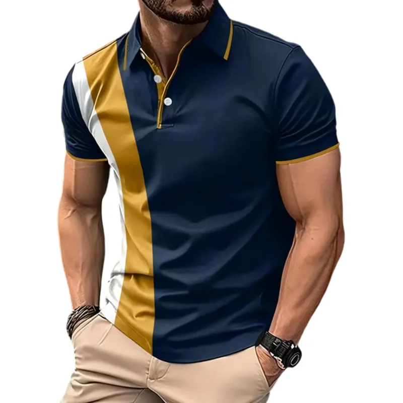 

Summer Men's 3D Splicing Stripe Printing Lapels Polo Shirts Casual Comfy Stretch Golf Sports Short Sleeve Fashion Pullovers Tops