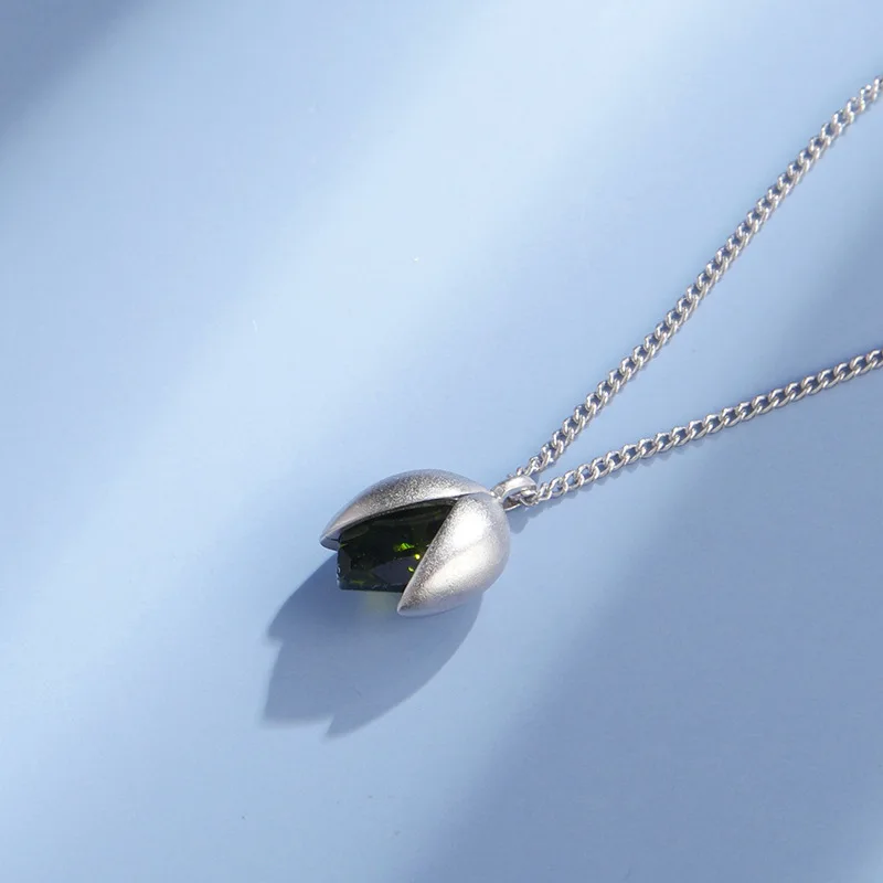 Pistachio Necklace Women's Green OlivineS925Silver Pendant Clavicle Chain Korean Style Simple Fashion Young Girl Jewelry