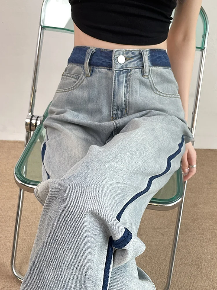 

Джинсы с высокой талией и широкими штанинами, женские, весенне-летние, тонкие, свободные, прямые, в стиле ретро, стройнящие, синие, из хлопка, полиэстера и вискозы