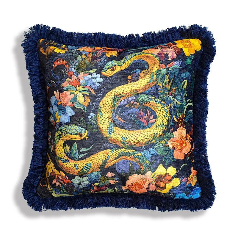 

Snake Flower Pillows Blue Chenille Cushion Case Luxury Tassel Decorative Pillow Cover For Sofa Chair Home Decorations