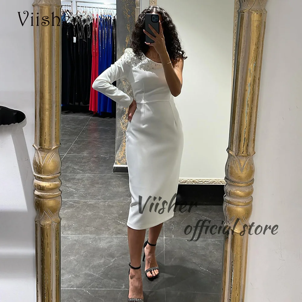 

Viisher White One Shoulder Mermaid Evening Dresses for Women Pearls Satin Tight Tea Length Prom Party Dress Dubai Arabia