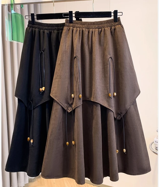 Large Size Women Autumn Chic Tassel High Waist Versatile Skirt Fashion Loose A-line Big Swing Irregular Age Reduction Skirts