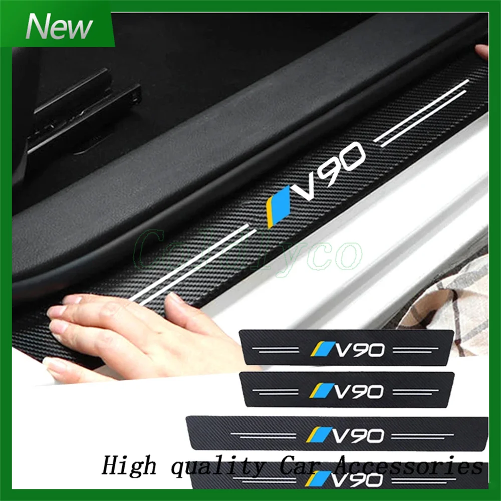 For V90 Badge Car Decals Door Threshold Scuff Plate Carbon Fiber Sill Protector Stickers Auto Door Entry Pedal Guards Tape