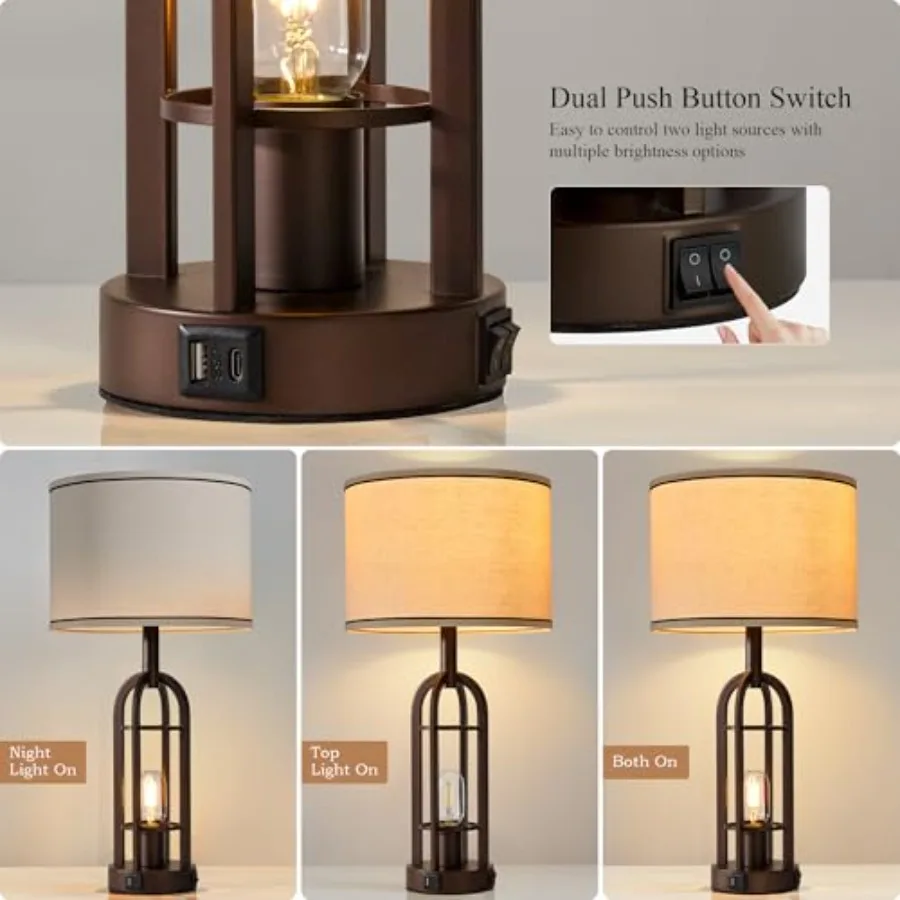 Farmhouse Table Lamps for Living Room Bedroom Set of 2 - Rustic Industrial Bedside Lamps for Night Stands with USB A+C, 24