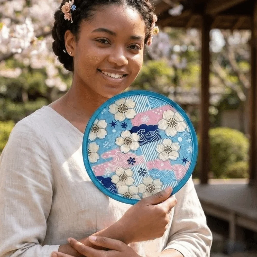 Decorative Japanese Style Folding Fan Round With Pocket Collapsible Fan Flower Pattern Portable Fan Beach Use