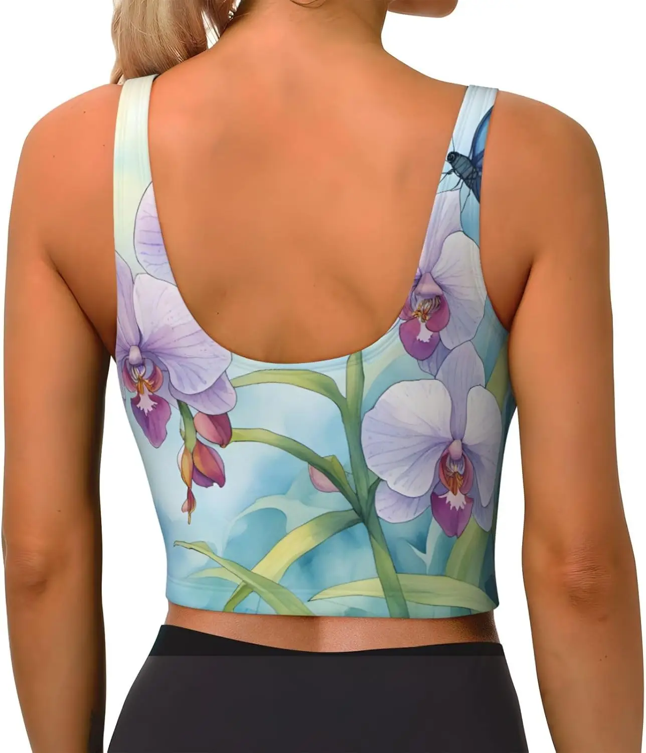 Débardeur de sport doux et frais imprimé fleur d'orchidée papillon pour femmes, gilet de Yoga léger avec rembourrage amovible