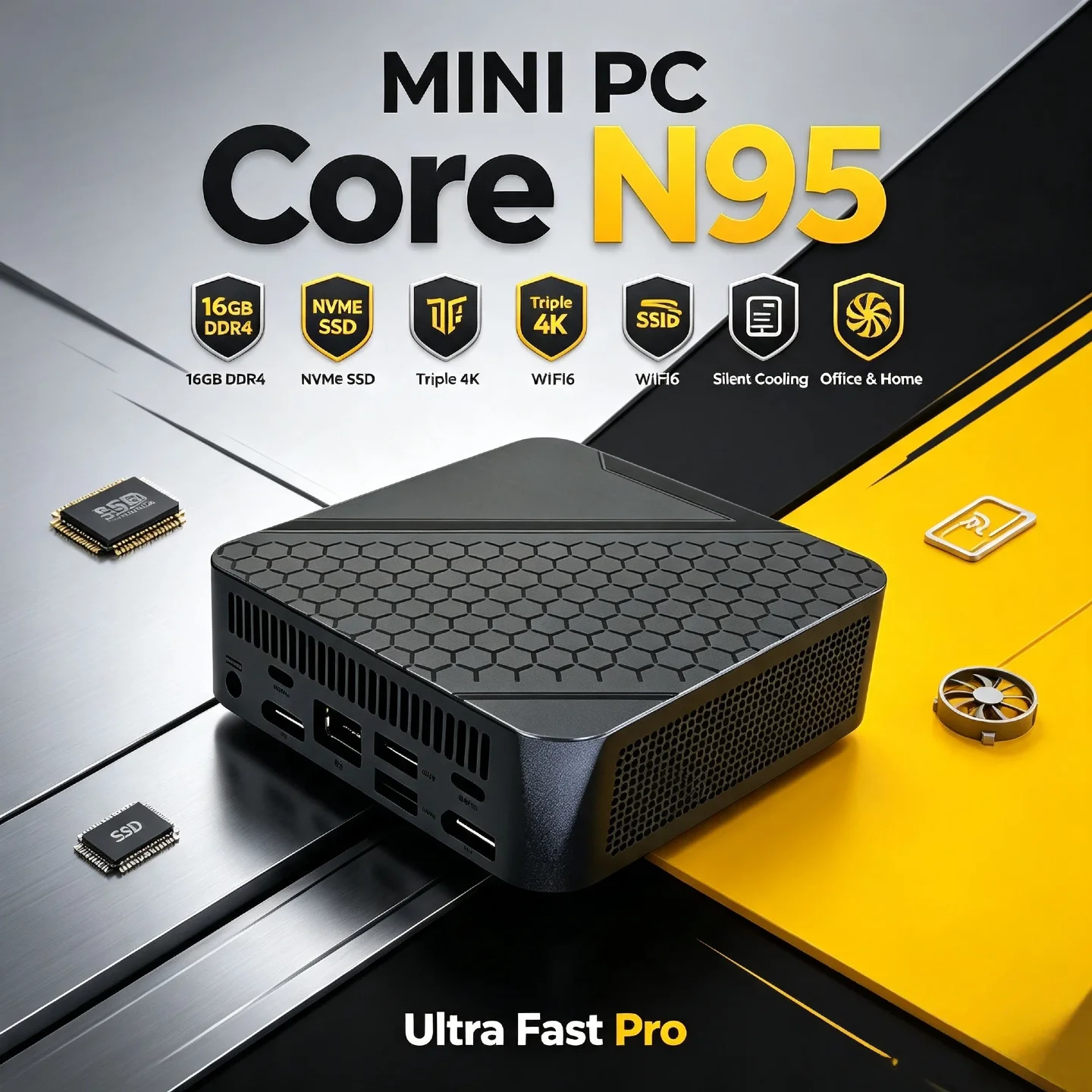 Intel N95 Mini Desktop PC 16GB DDR4 NVMe SSD WiFi6 Silent Cooling Triple 4K Office Home Computer Ultra Fast Pro