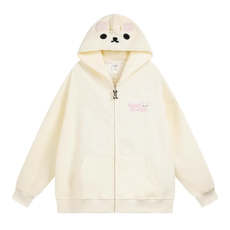 Linda sudadera con cremallera Rilakkuma, chaquetas elegantes con temática de animales, sudadera con capucha con orejas de oso para mujer, sudaderas