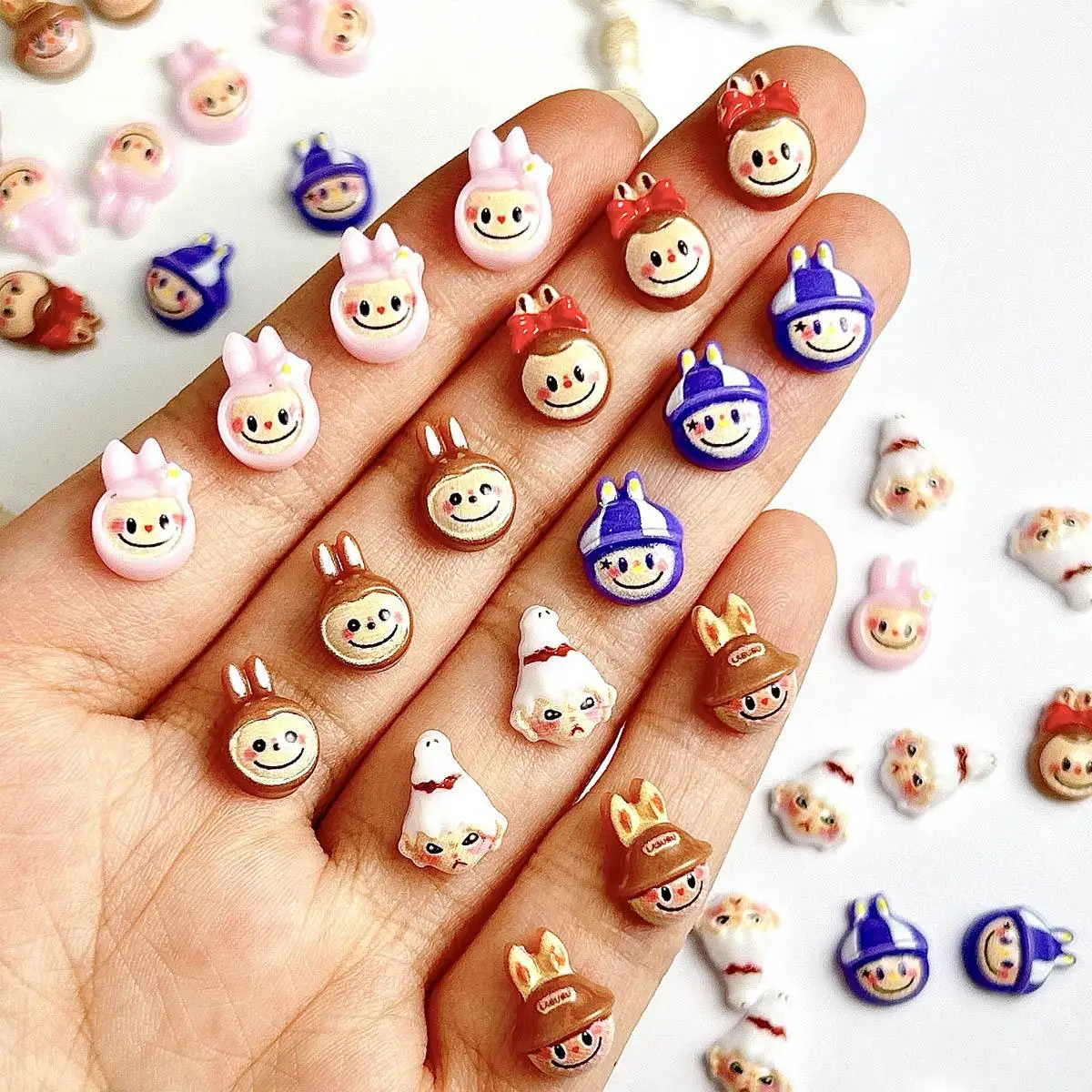 

30PCS 3D Kawaii Rabbit Ear Doll Nail Charm Resin Luminous Cartoon Smiling Face Clown Nail Art Decoration Manicure DIY Supplies