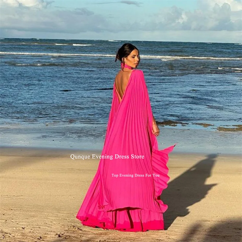 Qunque V-neck Beach Evening Dresses Pleat Fuchsia Chiffon Prom Dress With Scarf Cape Sexy Backless Vestidos De Festa Customized