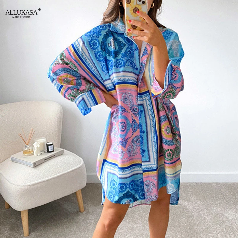Abito camicia con stampa grafica Vintage abito Sexy da donna con scollo a V manica lunga blu verde allentato Beach Syle Party Mini abiti Casual