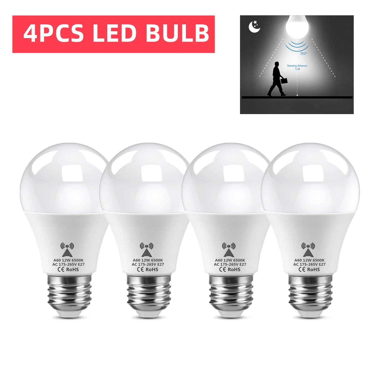

4PCS E27 AC100-240V Radar Sensor LED Bulb 12W Smart ON/OFF Detection Light for Doorway Stairs - Energy Efficient Lampada
