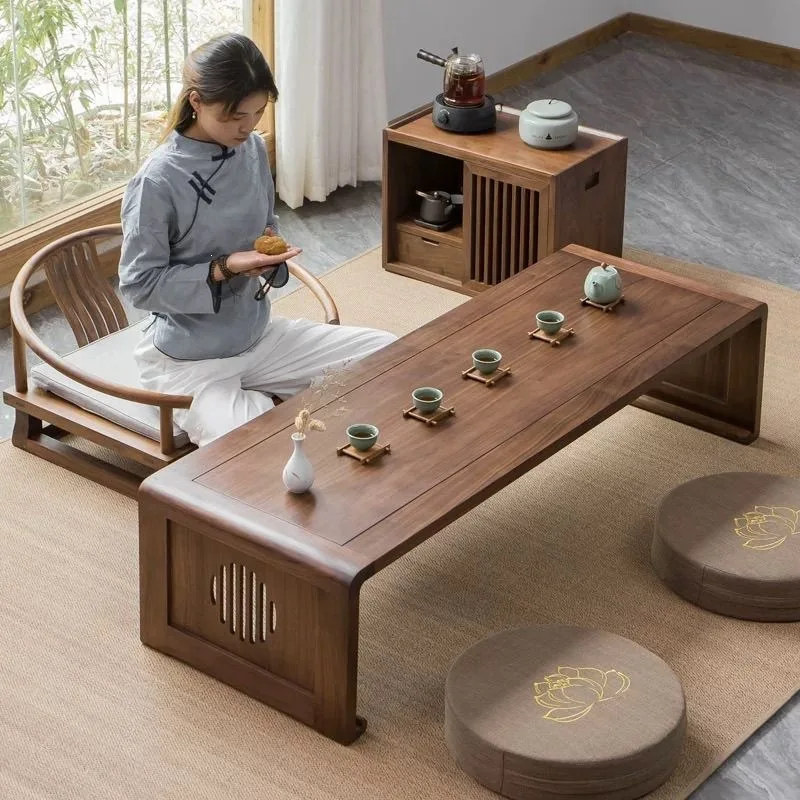 HYS Chinese coffee table solid wood elm tatami table and chair combination bay window small table balcony  zen home
