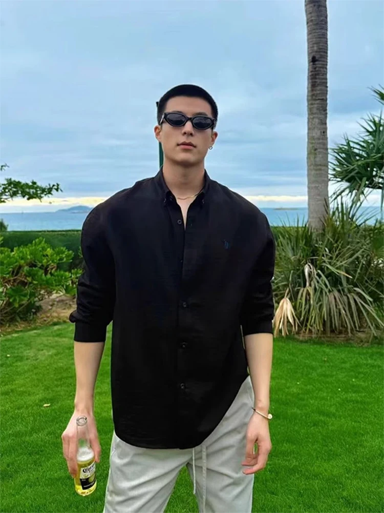 

Мужская рубашка Ele Bla в американском ретро-стиле с вышивкой, свободного кроя, с длинным рукавом, верхняя одежда из полиэстера, молодежный тренд, лето