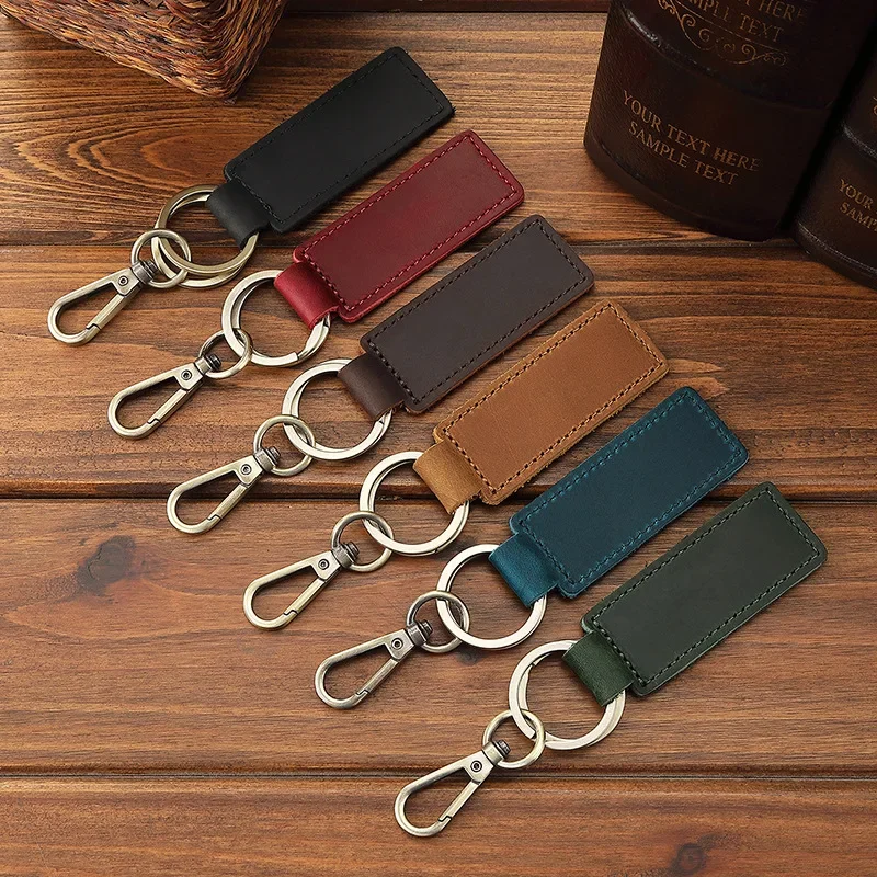 First Layer of Cowhide Key Chains Double Buckle Waist Hanging Car Keychain Accessories Vintage Color Leather Rectangular Keyring
