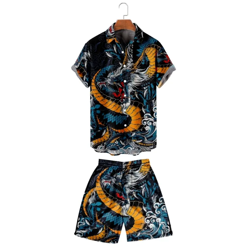 2022 new large men's casual breathable Lapel shirt + Beach Shorts Set can customize fashionable summer tattoo Dragon