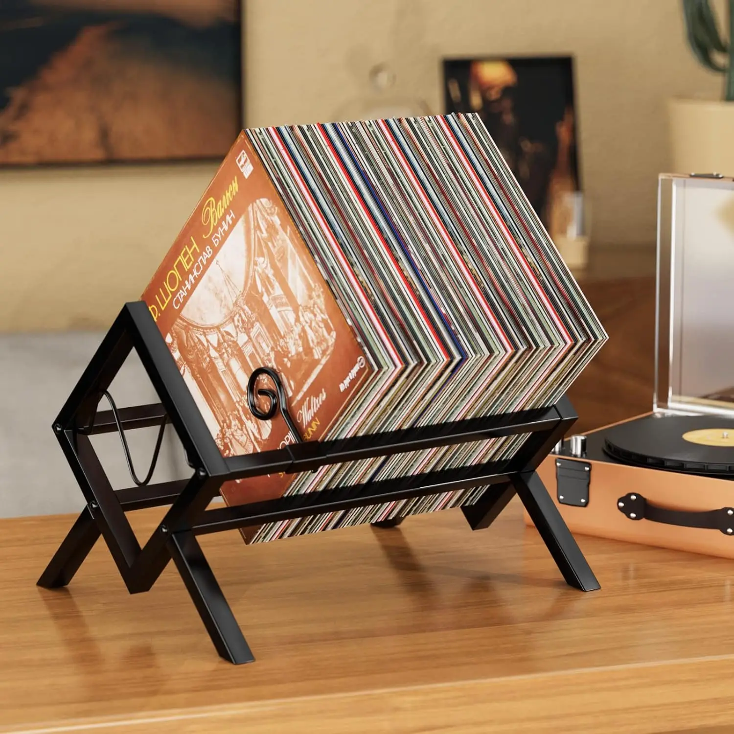 

Vinyl Record Storage Holder - Metal Record Stand 80-100 LP Storage Vinyl Organizer for Albums Audio Easy to Assemble Bla