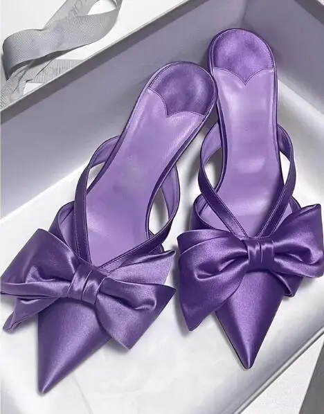 Purple Silk Butterfly Knot Front Pointed Toe Slip On Shallow Slippers Women Med Thin Heels Fashion Bow Tie Slide Shoes Lady