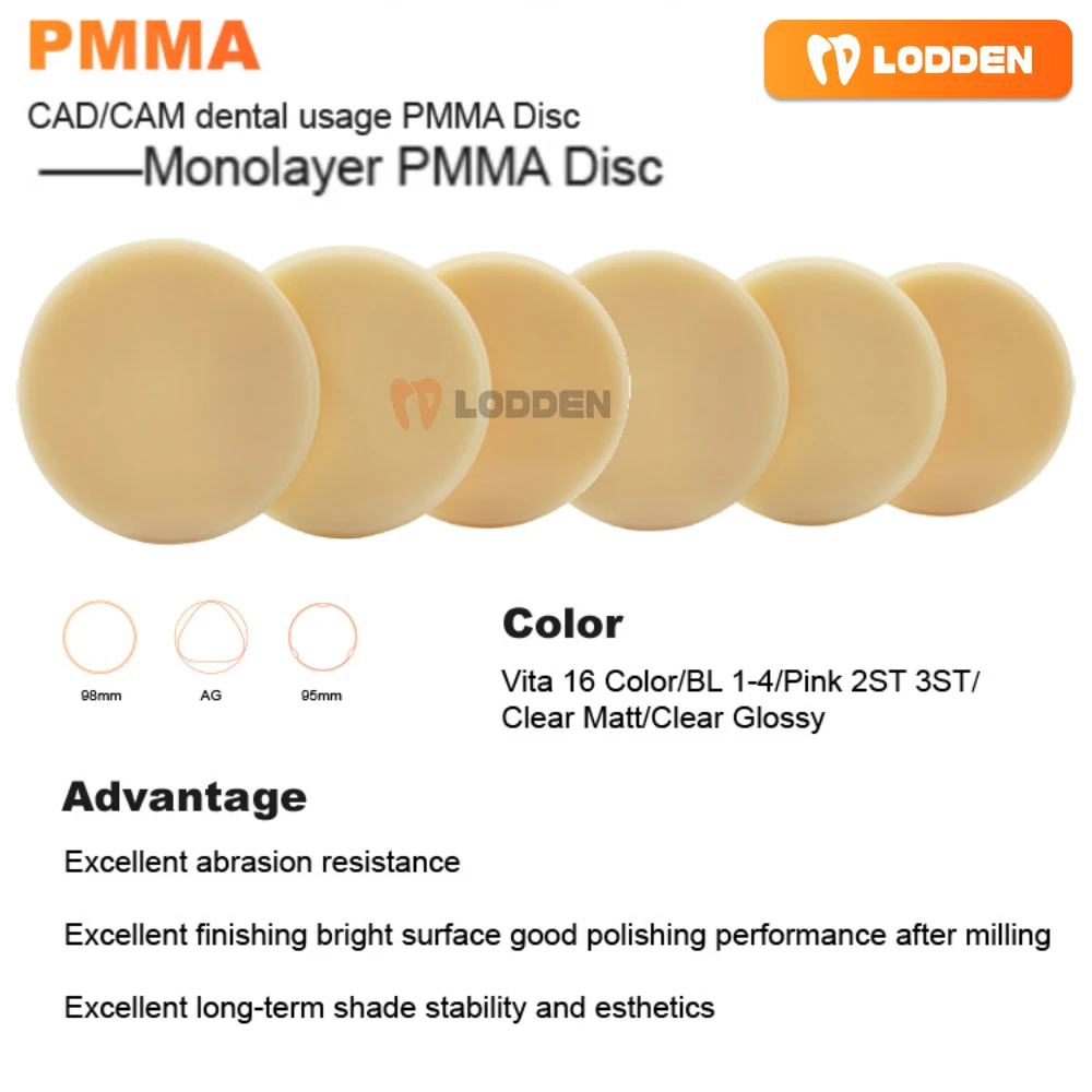 

Lodden PMMA Disc Dental Lab Monolayer PMMA Resin Disc 98mm Preshade Monochrome Resin PMMA Disc VITA 16 Colors CAD CAM