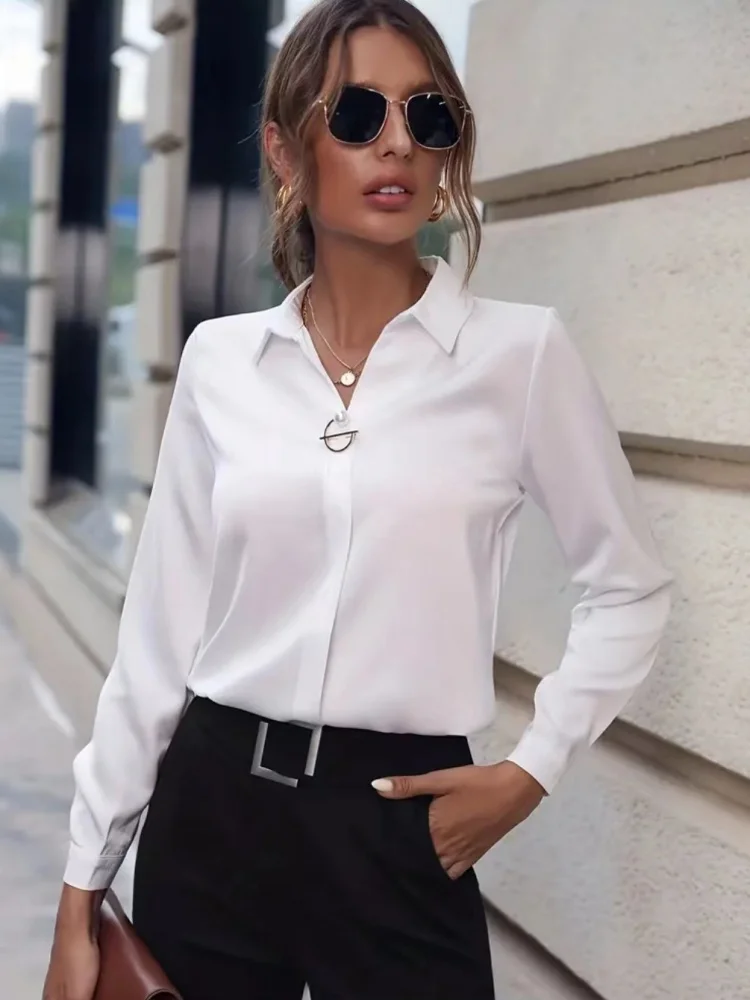 Women Spring Summer Style Blouses Shirts Lady Office OL Style Turn-down Collar Long Sleeve Solid Color Blusas Tops DF5000