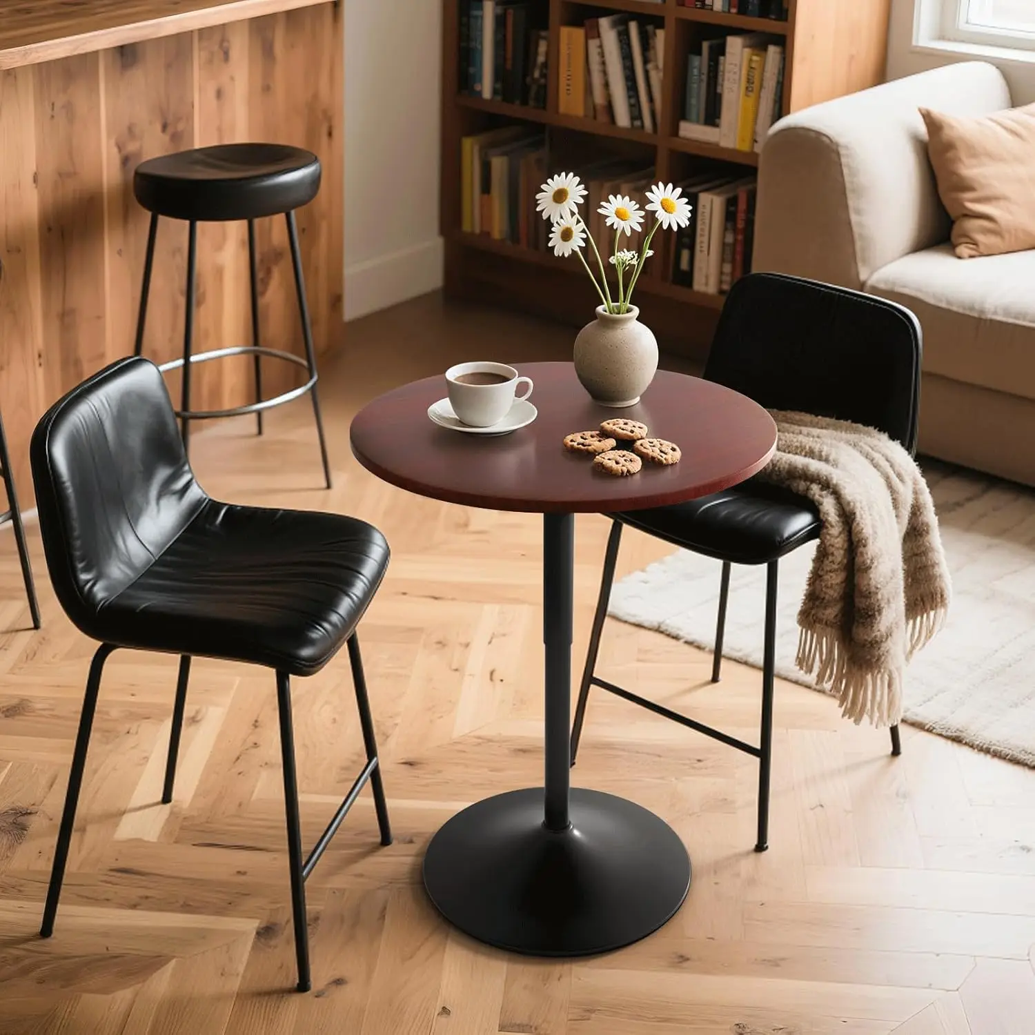 Meja Bar - Tinggi Dapat Disesuaikan, Model Pub dan Putar 360 Derajat, Meja Tinggi untuk Bar/Pub/Bistro dengan Permukaan MDF (Warna Kayu Merah)