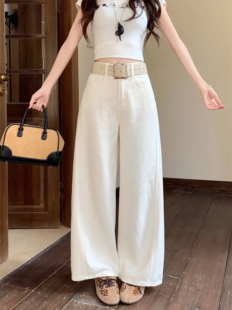 

Белые женские джинсы в американском стиле с широкими штанинами, летние, с высокой талией, прямого кроя, утягивающие, с пэчворком, длинные брюки