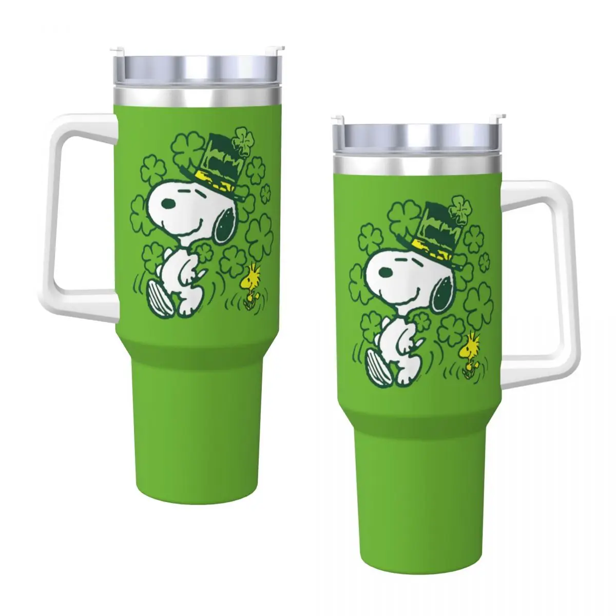 Peanuts Snoopy And Woodstock St. Paddy's Day Clovers Stainless Steel Tumbler Coffee Mug With Straws and Lid Large Car Mugs