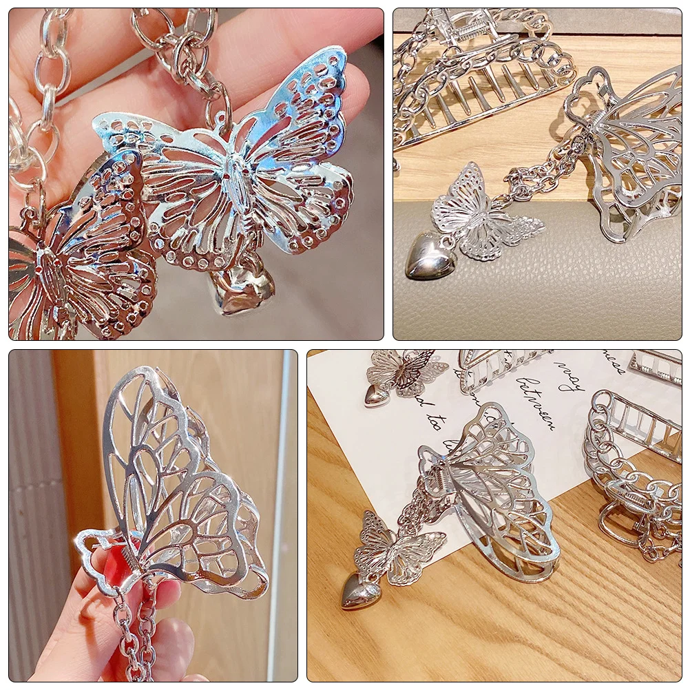 

1Pc Woman Hair Clip Butterfly Chain Hollow Out Design Durable Metal Headdress For Special Occasions Silver