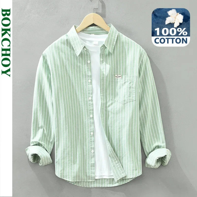 Spring and Autumn New Casual Striped Oxford Shirts for Men Pure Cotton Slim Turn-down Collar Shirts C6628