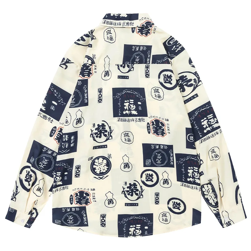 Men's Shirts Text Pattern Printed Blouse Japanese Simple Style Unisex Tops M-2XL Button Long Sleeve Lapel Coats Autumn New