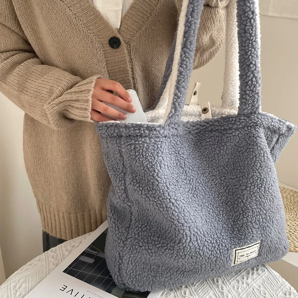 Cashmere Fleece Handbag Women\'s Plush Shoulder Bags Two Side Available Designer Tote Bags Girls Ladies Shopper Bag Bookbag Purse