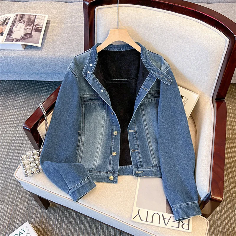 

Осенняя женская винтажная стираная синяя короткая джинсовая куртка с воротником-стойкой, однобортная женская джинсовая куртка с длинными рукавами, пальто, уличная одежда