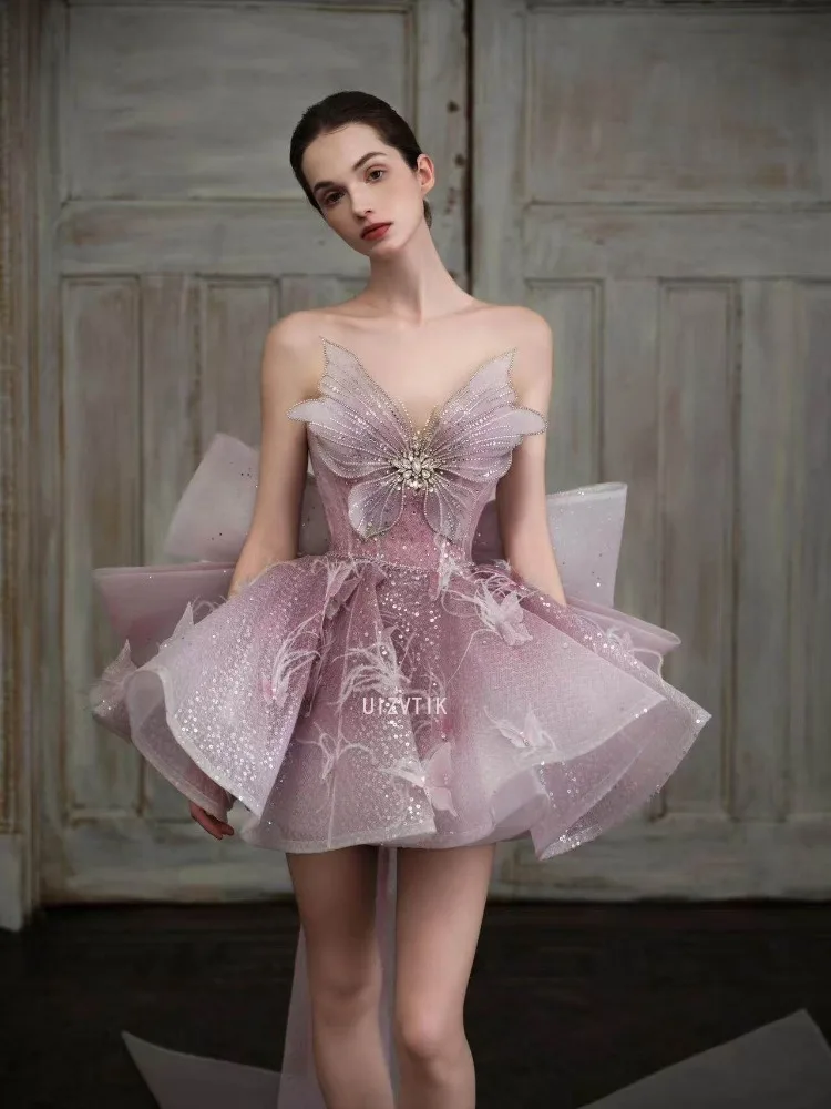 

Sweet Fairy Butterfly Strapless Short Quinceanera Dress Women Girls Sparkly Sequin Tulle Mini Prom Party Evening Gown for Women