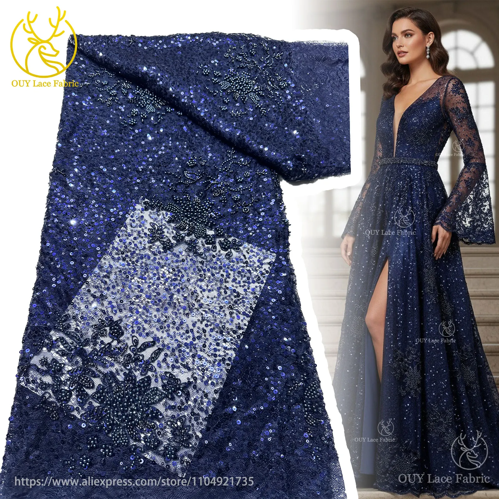 

For Sewing Ladies Party Dresses Luxury African Beaded Mesh Embroidered Lace Fabric 2025 Nigerian French Sequin Lace Fabrics