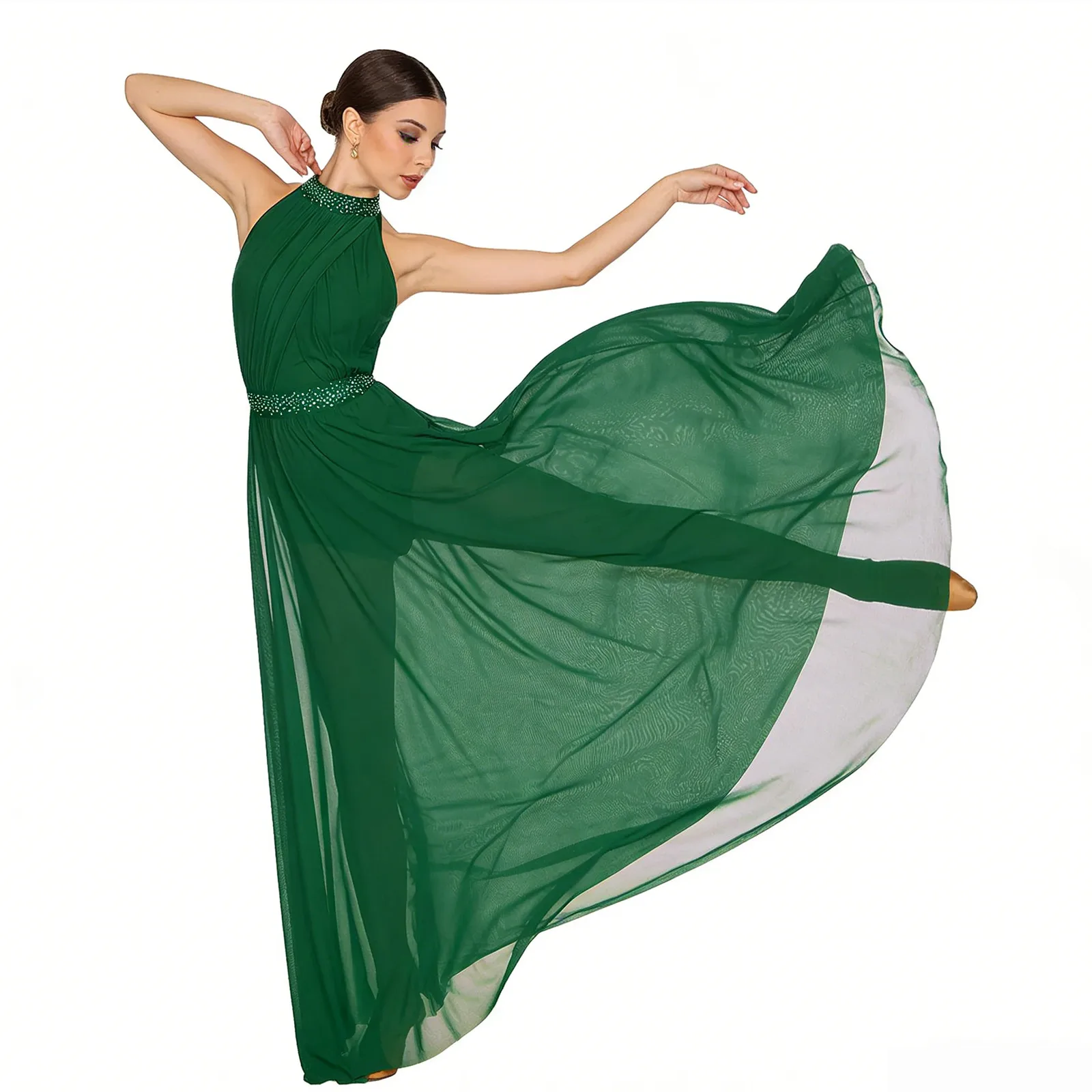 Womens Shiny Rhinestone Gymnastics Artistic Figure Skating Costume Flowy Tulle Waltz Gown Lyrical Ballet Dance Maxi Dresses