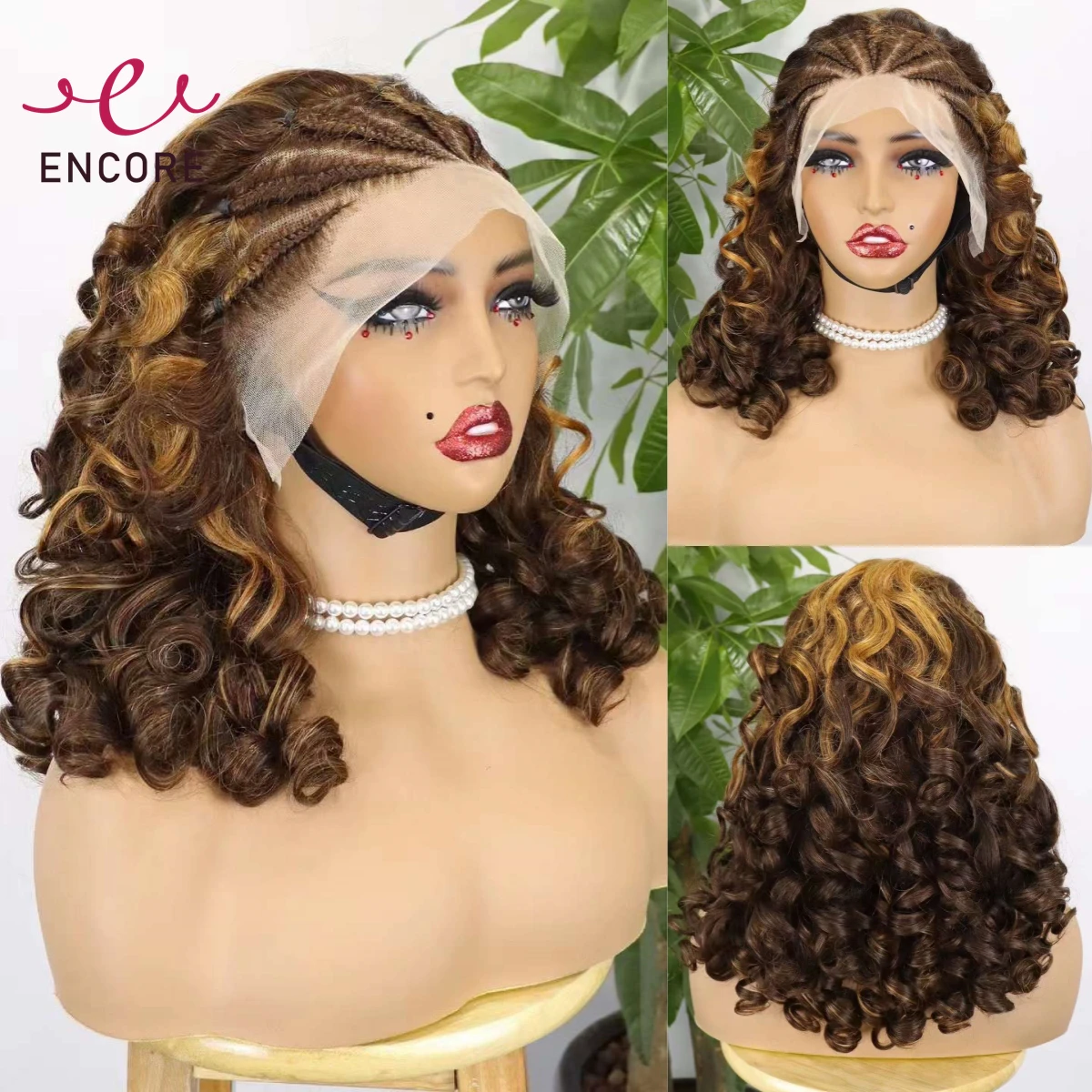 

18Inch 13x4 Lace Frontal Wig 250% Density Remy Human Hair Highlight Cornrow Braided Wigs Loose Fumi Curly Hair Bob Wig for Women