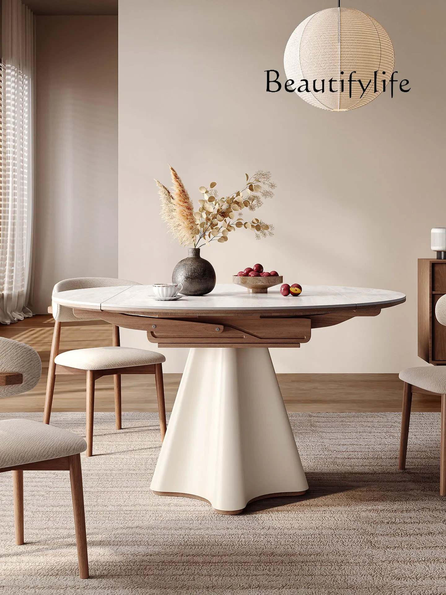 

Slate dining table Variable round table Household small apartment Cream style Premium sense Retractable living room dining table