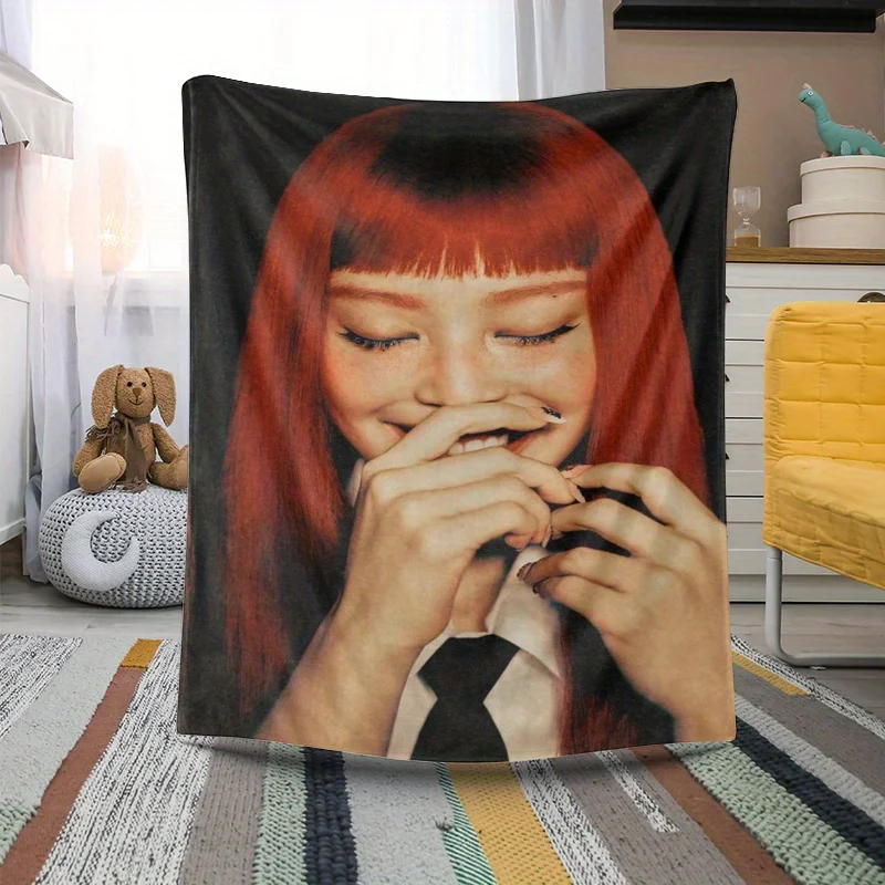 Red-Haired Character with Crossed Hands Digital Print Flannel Throw Blanket – Soft Polyester, All-Season Comfort, Ideal for Couc