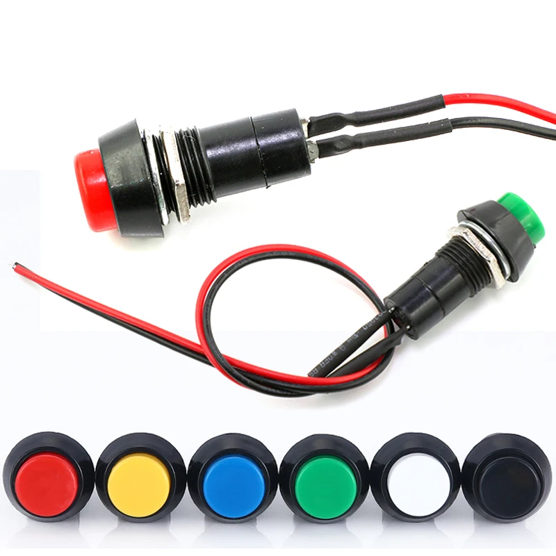 1pcs pbs-11a 12mm self-locking button switch with connecting wire pbs-305a 3A 250V AC 2pin lock key switch 6 colors