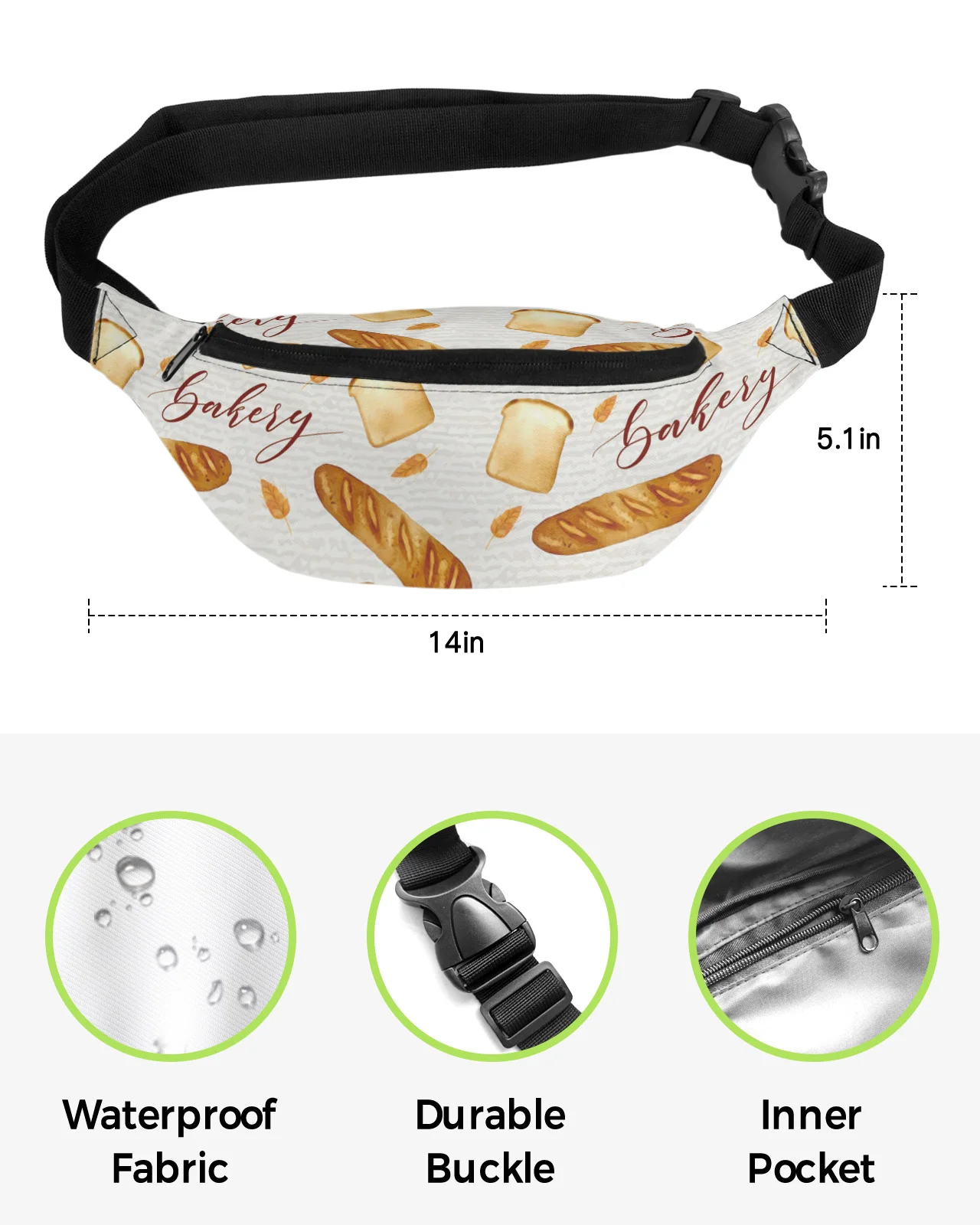 Dessert Pattern Bread Waist Bag Women Men Belt Bags Large Capacity Waist Pack Unisex Crossbody Chest Bag