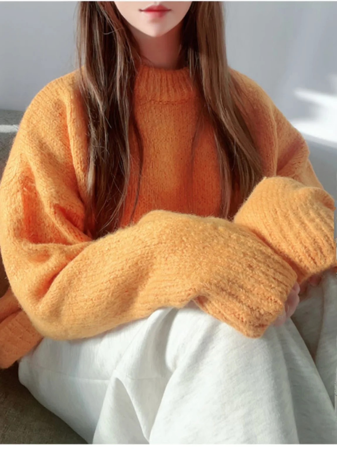 

Thiened Chunky Needle Knitted Sweater Women's round Ne Loose Lazy Sle Autumn Winter Warm Candy Color Anti-Aging Sweater...