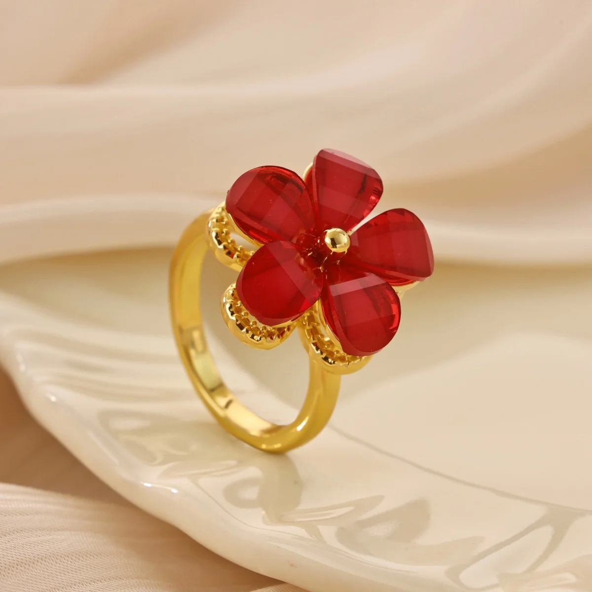 Niedlicher drehbarer Ring mit Blumenmuster aus Harz für Damen, goldfarben, Kupfer, drehbare Blume, offener Manschettenring, trendiger Party-Schmuck – Detail 13