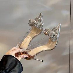 Women's Bow-Knot & Rhinestone Decor High Heels, Pointed Toe & Stiletto Heel, Fashionable Silver Pumps