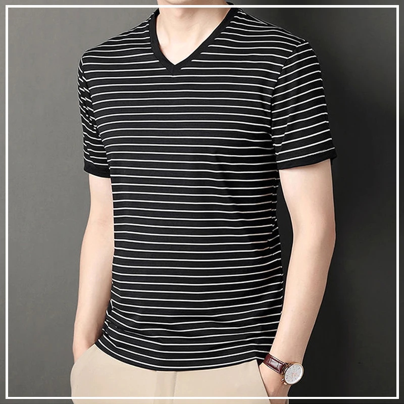 2024 New Summer High End Fashion Casual Business V-neck Stripe Print Loose Oversize Versatile Short Sleeve T-shirt for Men