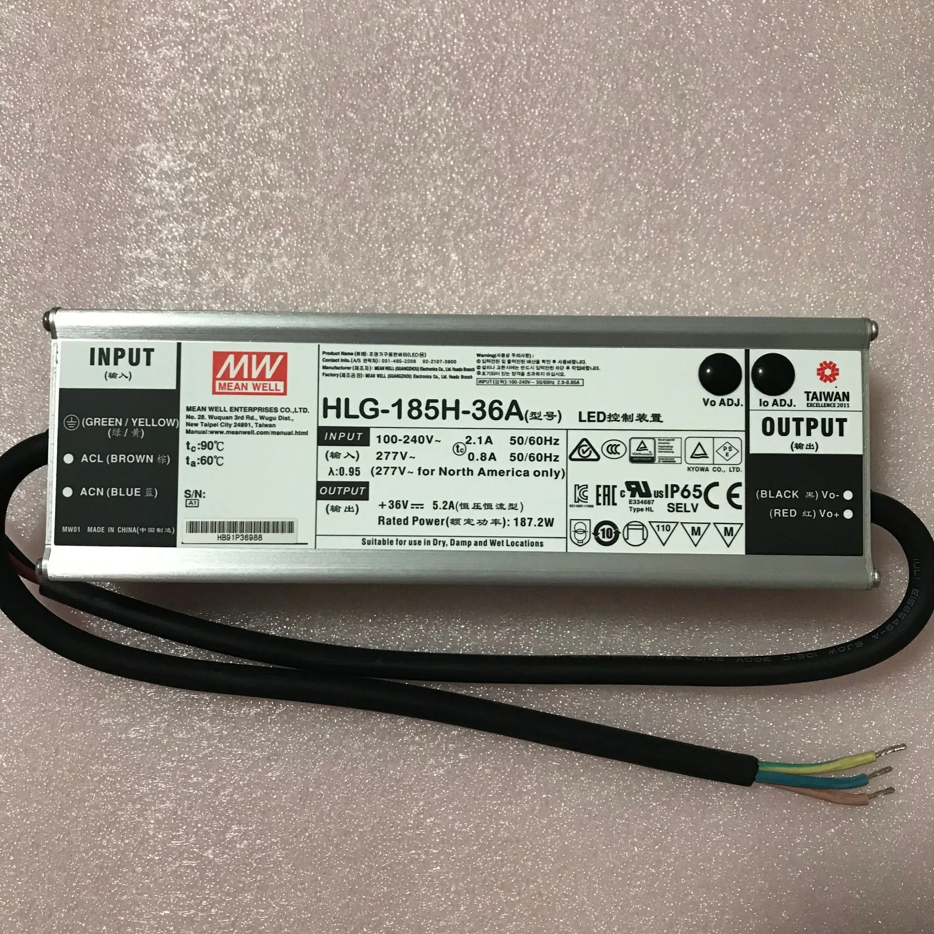 MEAN WELL 185W Constant Voltage + Constant Current LED Driver HLG-185H-12A HLG-185H-15A HLG-185H-20A 24v  30V 36V 42V 48V 54V