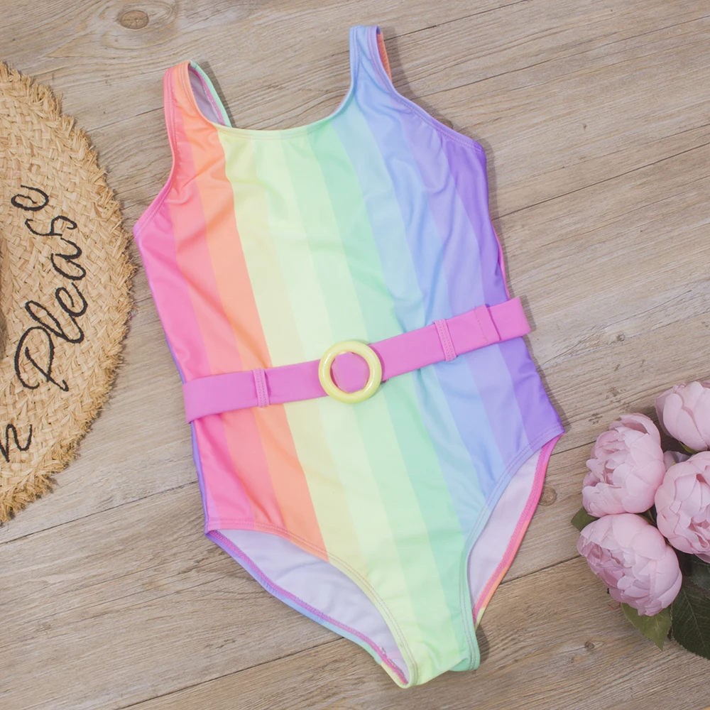 Rainbow Print Children Girl Swimwear Swimsuit 2023 Belt Deco Child Girls Kids One Piece Swimwear Summer Beach Baby Monokini