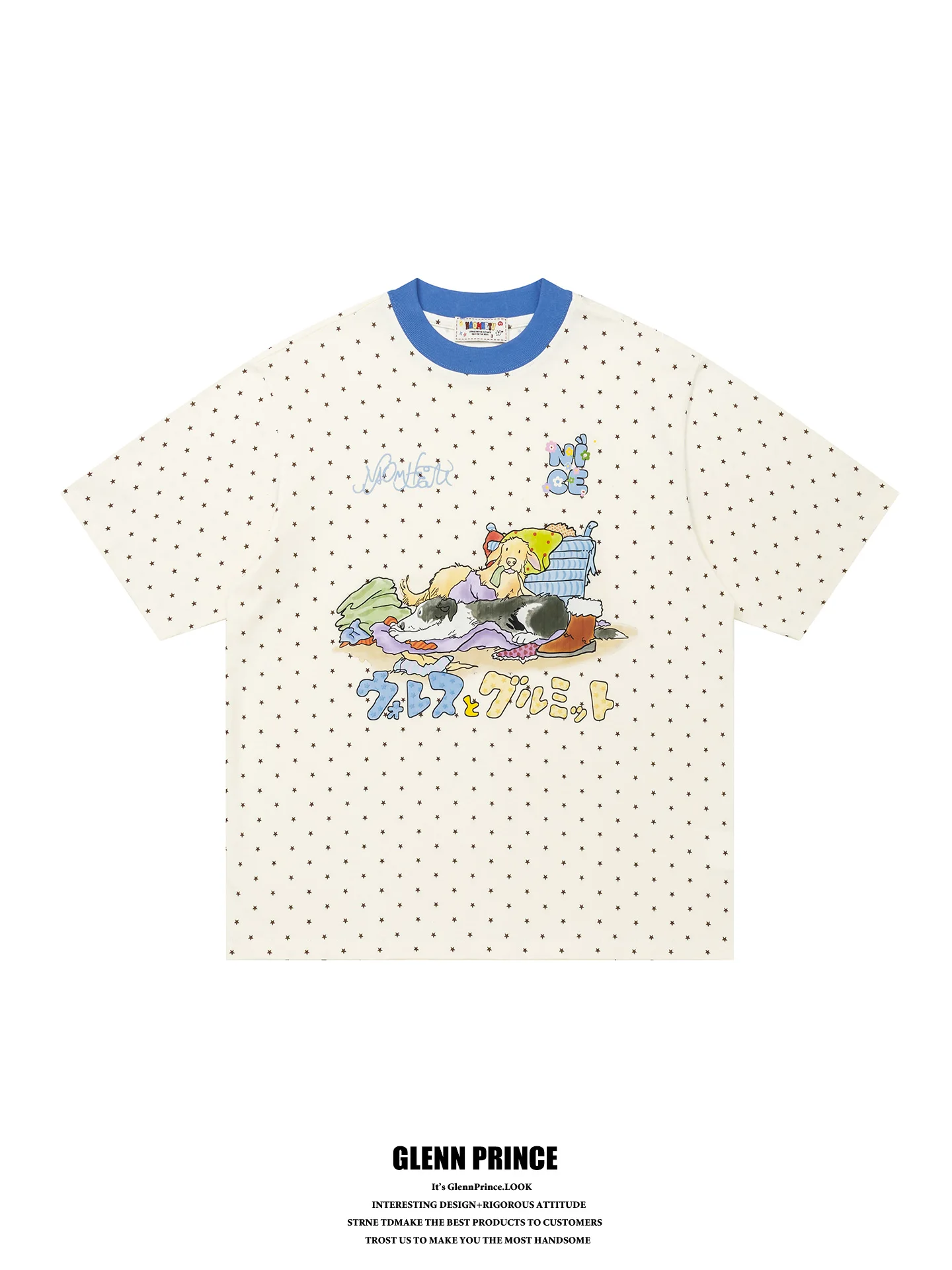 

GPstudio Korean Retro Dog Print Star Color Block Short Sleeve T-Shirt Men's Preppy Unique Fashionable Top Cotton Breathable S...