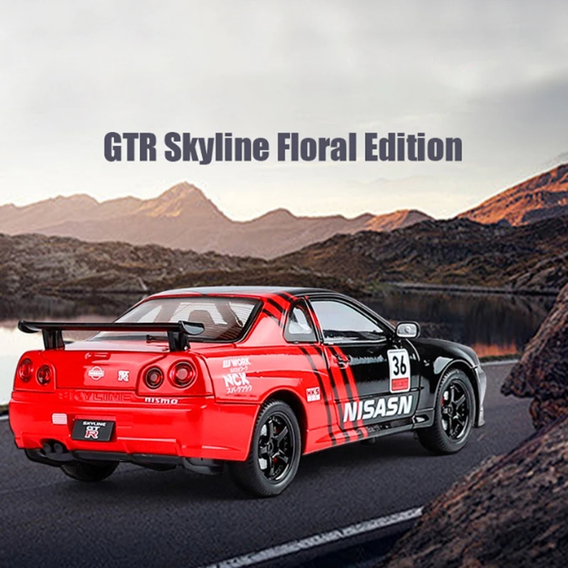 Diecast 1:24 Scale GTR Skyline Floral Edition Pull-back Alloy Car Model Finished Simulation Collection Decoration Gift Shows